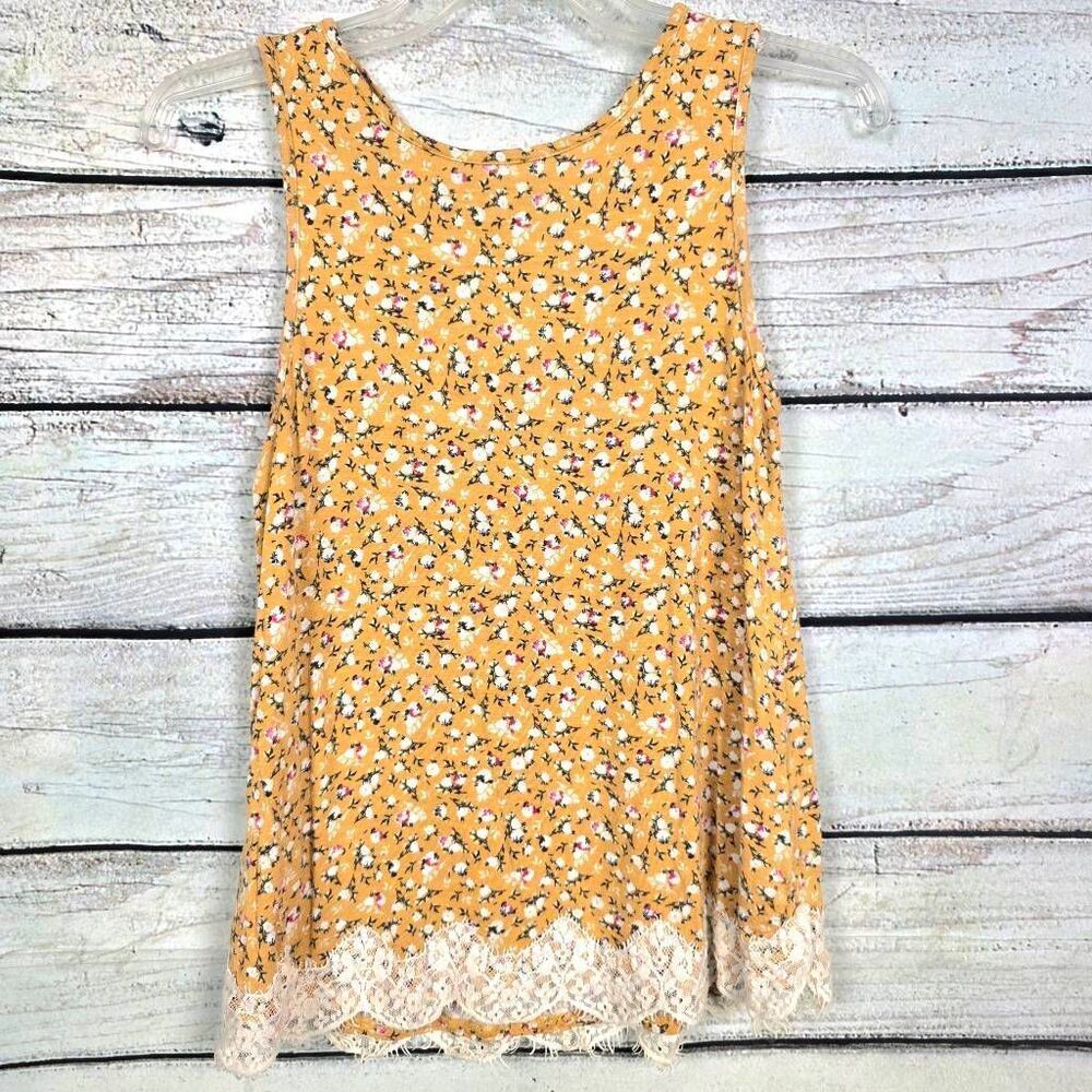 Rewind Yellow Floral Lace Hem Tank Top XS